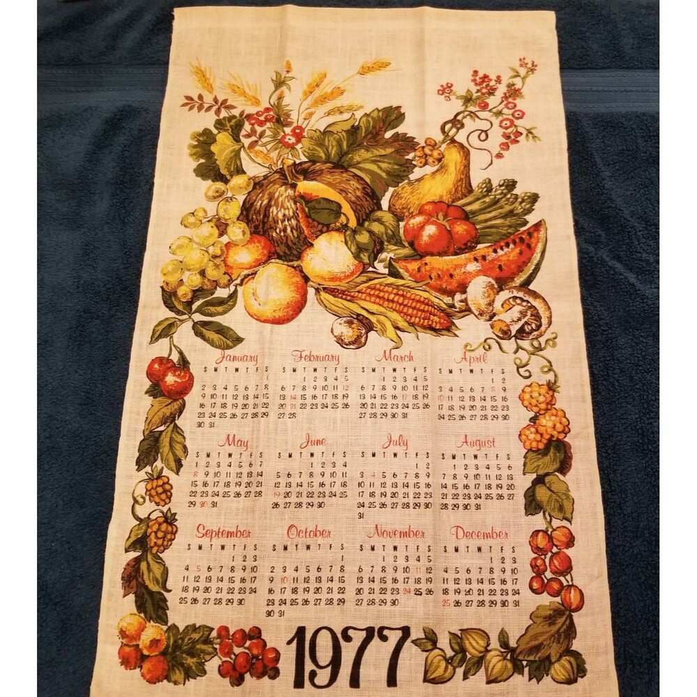 Vintage linen tea towel calendar fall harvest 1977 nos